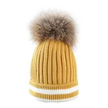 Горячая Распродажа чудесная Женская модная уличная зимняя шапка с шариками для волос, вязаная шапка в полоску, женская зимняя Круглая Шапочка без полей