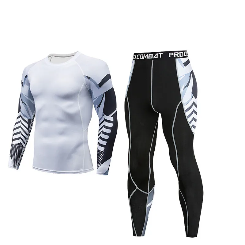 Спортивный комплект для фитнеса, мужской облегающий спортивный костюм с принтом, 15 цветов, комплекты для бега, быстросохнущие колготки, футболка с длинным рукавом и штаны - Цвет: 2010
