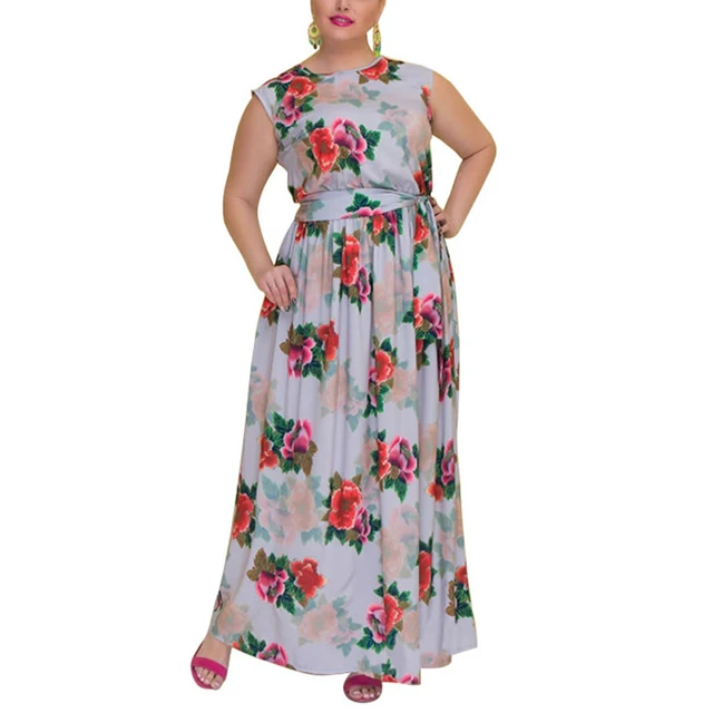 Big Size Woman Floral Printing Dress Plus Size Fashion Maxi Dresses O ...