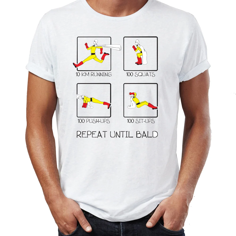 

Men's T Shirt One Punch Man Work Out Routine Repeat Until Bald Artsy Awesome Artwork Printed Tee