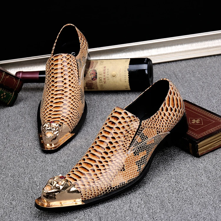Homme Homme Peau De Serpent bout pointue métal Cuir Boucle Rétro Talon Cubain Chaussures 2019
