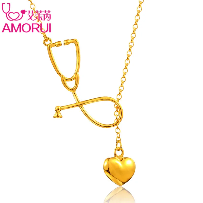 

AMORUI Medical Stethoscope Lariat Heart Pendant Necklace Nurse Doctor Gold/Silver Color Gift Fashion Jewelry Bijoux Femme