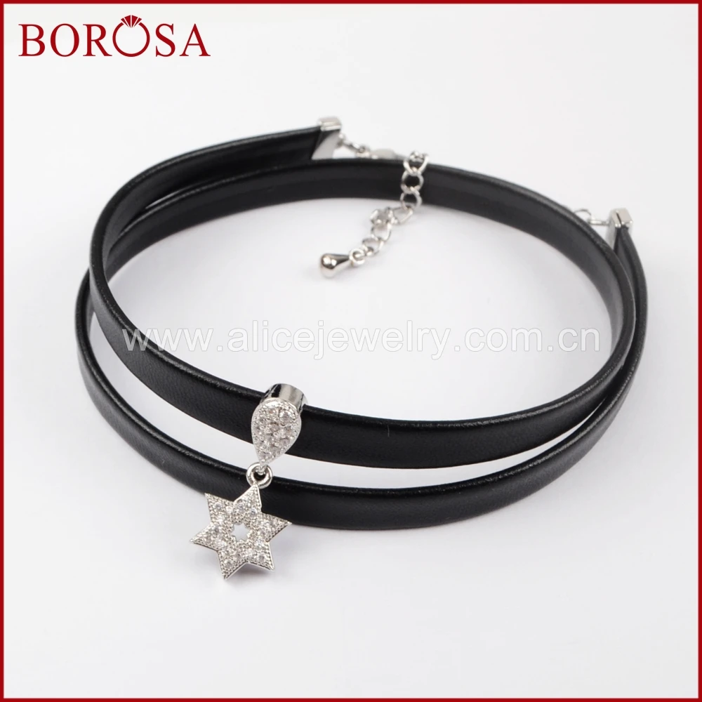 BOROSA Wholesale Genuine Leather Bracelet Copper Micro Pave CZ Stone Cubic Zirconia Star Pendant 13'' Chain Bracelets WX603 |