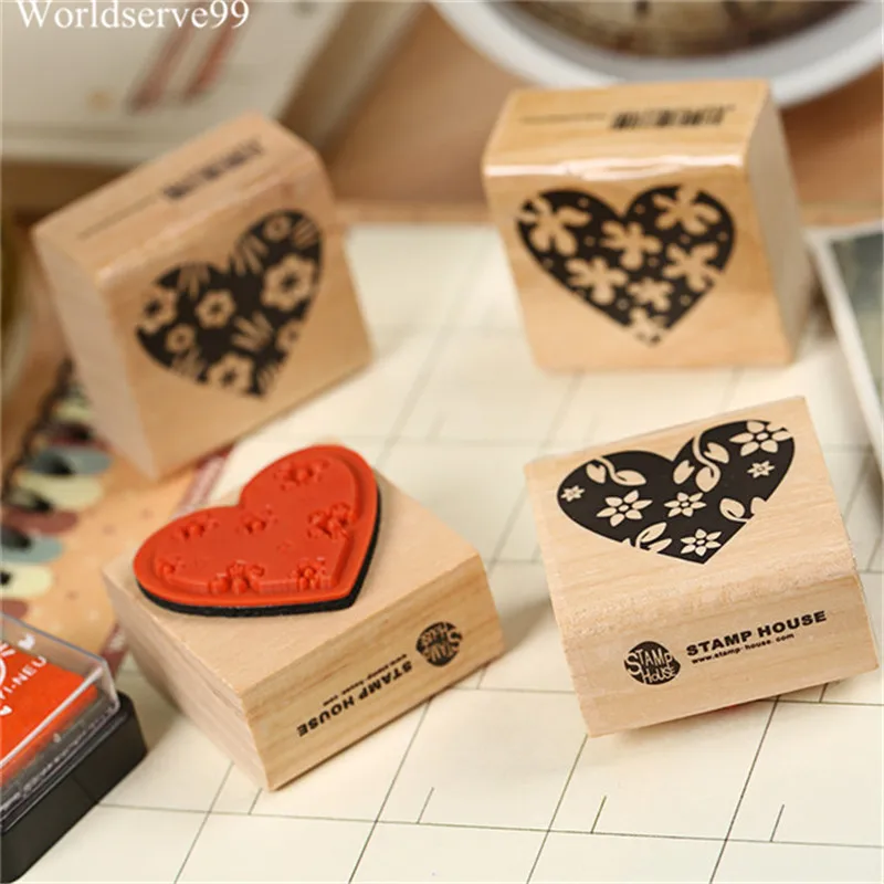 8pcs LOVE Heart Pattern Wooden Rubber Stamp Blocks Craved Printing