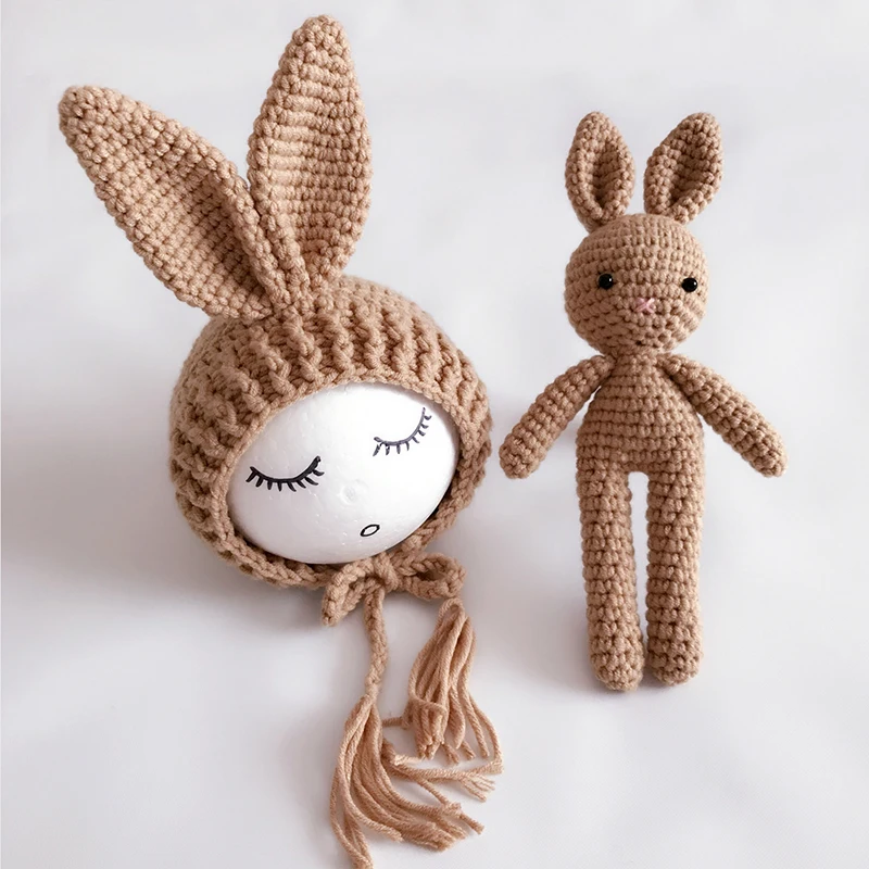 

Baby Rabbit Hat Doll Toy Newborn Photography Props Accessories Rabbit Ear Bonnet Bunny Crochet Handmade Knitted Beanie
