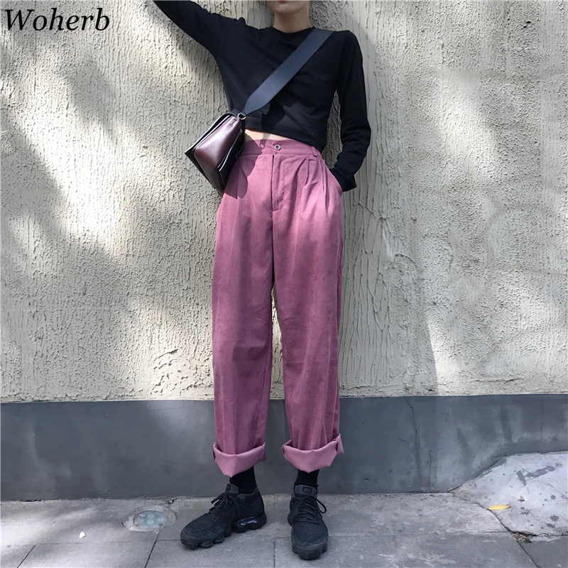 

Woherb 2019 Autumn Winter Harajuku Corduroy Pants Women Elastic High Waist Straight Trousers Modis Streetwear Wide Leg Pants