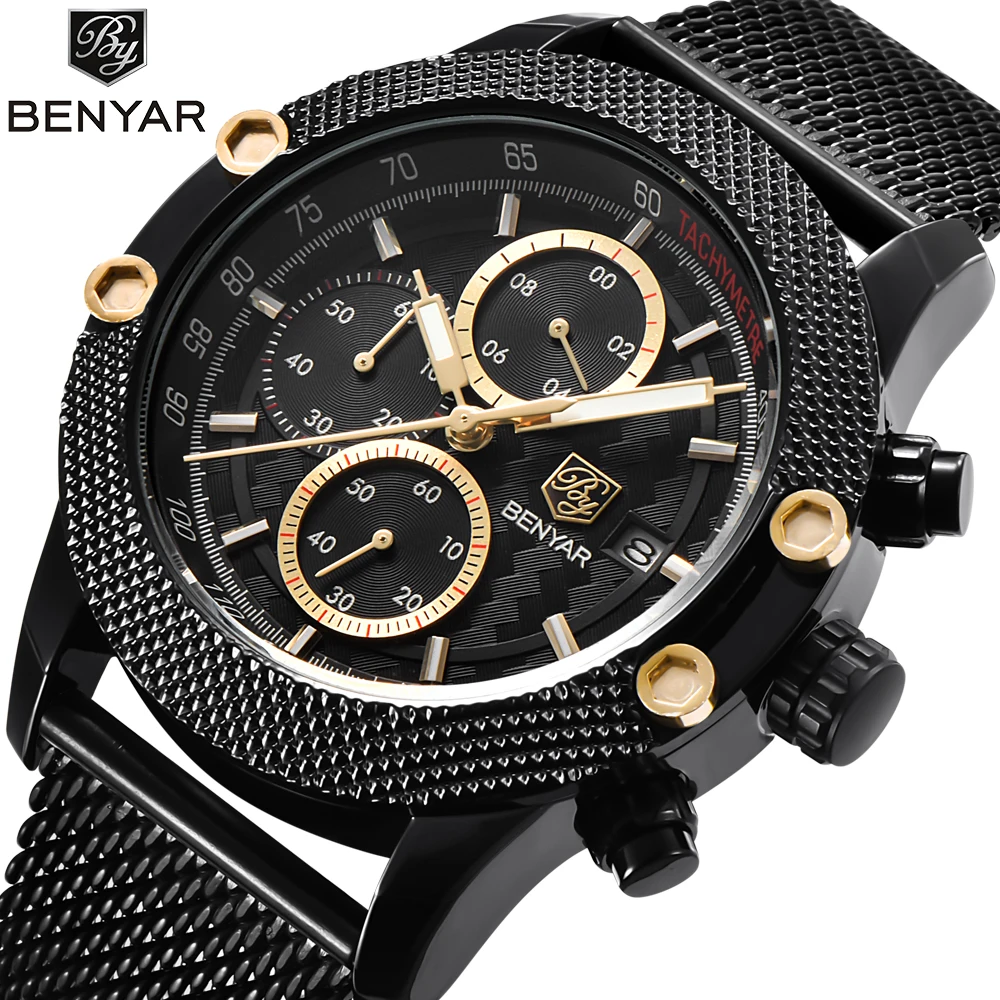 

BENYAR Leisure Sport Chronograph Fashion Watches Men Mesh belt Luxury Brand Quartz Watch Gold silver Free shipping