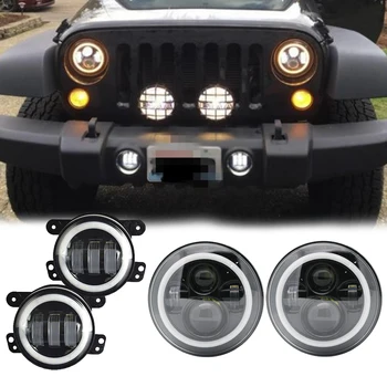 

For Hummer H1 H2 Headlights 4" LED Fog Light + 7 Inch Round Headlamp LED Headlights For Jeep Wrangler JK 07-17