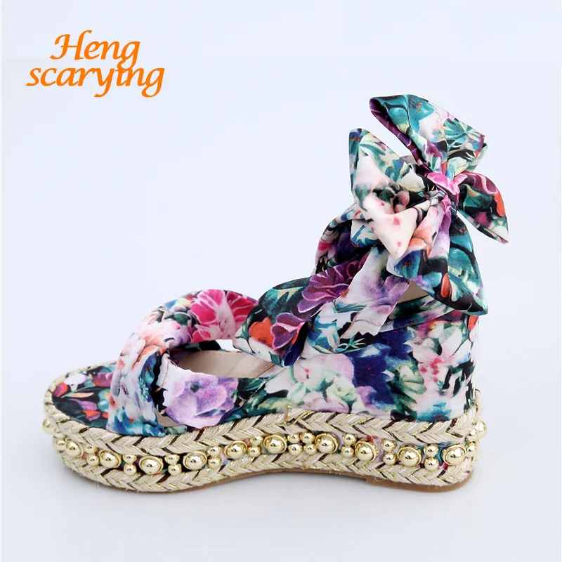 

2019 Summer Fashion Women Lace Up Platform Rivets Sandals Flower High Heels Wedge Sandals Open Toe Sandals Shoes Sandalias Mujer