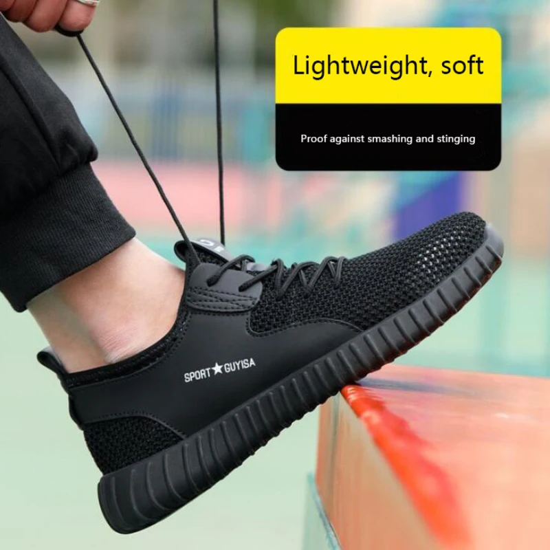 الرجال الصيف تنفس حذاء امن للعمل شبكة الرجال في الهواء الطلق الصلب اصبع القدم الأحذية الكاحل أحذية السلامة غير قابل للتدمير أنيق رياضية