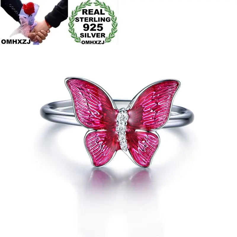 OMHXZJ,, Европейская мода, для женщин, девушек, вечерние, свадебный подарок, красная бабочка, эмаль, AAA циркон, 925 пробы, серебряное кольцо, RR134
