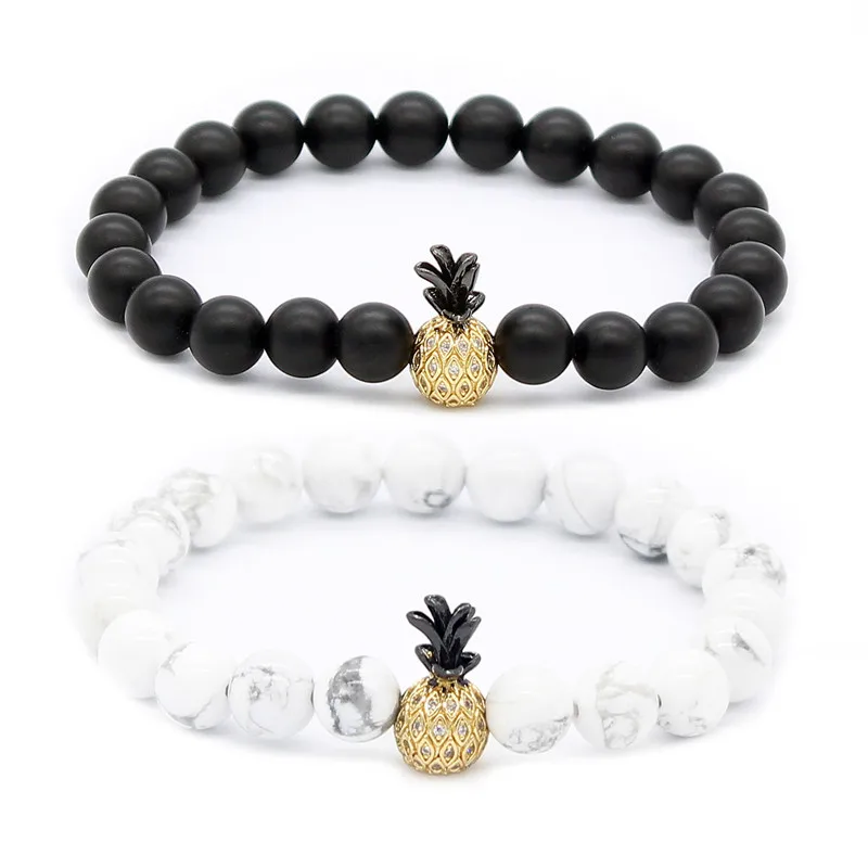 Poshfeel 8mm Black & White Beads Couple Bracelets for Lovers Cz Pineapple Bracelet His And Hers Bracelet Handmade MBR170462