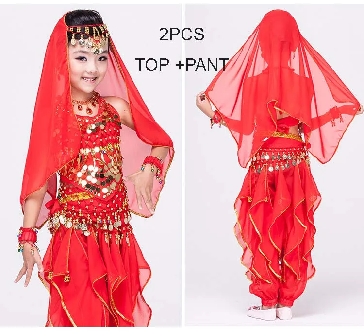 Танцы ребенка носить ребенок беллиданс костюм топ+ юбка++ завеса девочки танец живота одежда - Цвет: RED 2PCS