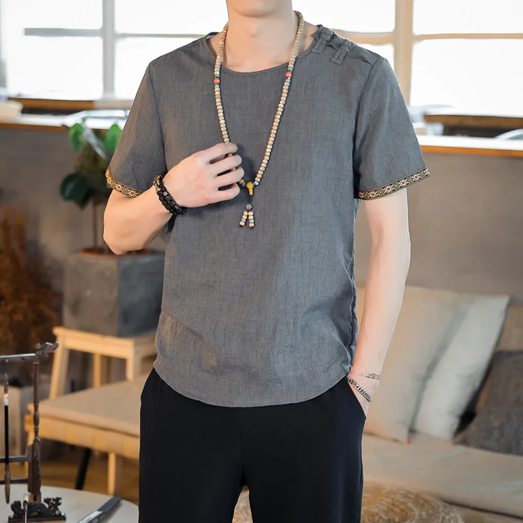 

Men Vintage Baggy Embroidery Linen Blouse Men Solid Short Sleeve Retro T Shirts Tops Blouse