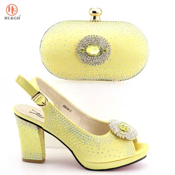 

New Fashion Yellow Color Ladies Italian Shoes and Bag Sets Decorated with Rhinestone African Women Wedding Shoes and Bag Sets