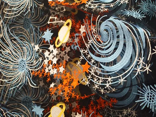 

1 yard multi-colors lace fabric with cosmic stars, black mesh lace fabric in multi-colors stars pattern