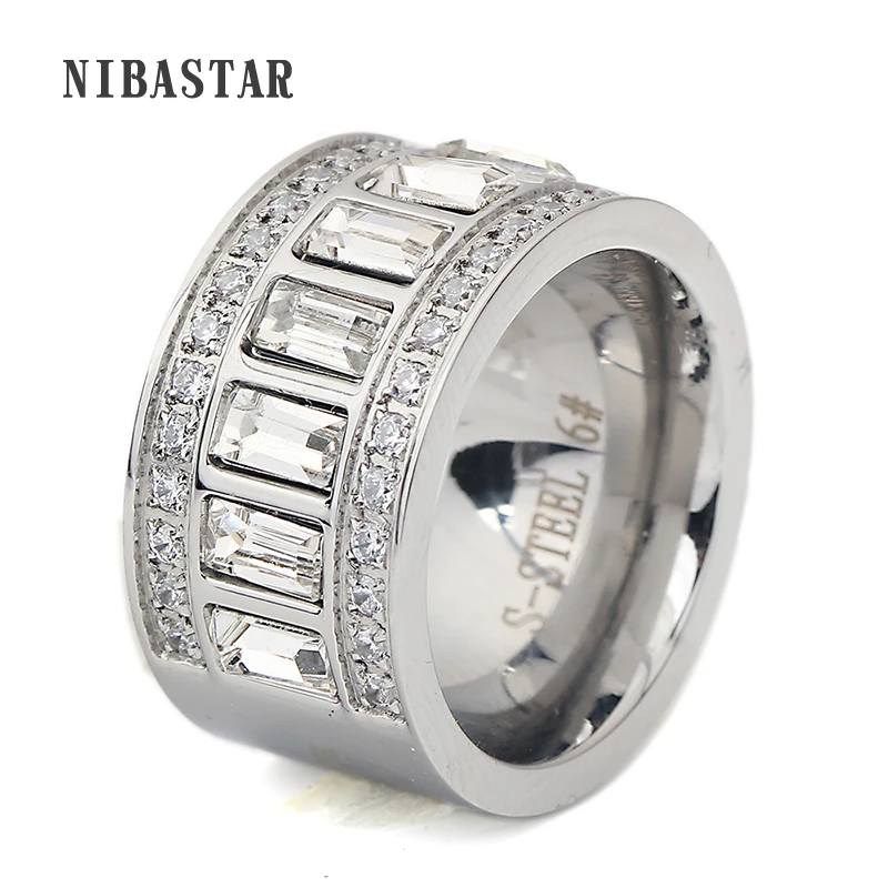 

12mm Width Brand Design Clear Crystal Stone 316L Stainless Steel Rings For Women Silver Color Wedding/Engagement Jewelry