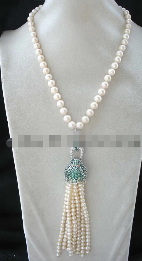 

huij 004782 freshwater pearl white round 9-10mm &green leopard necklace