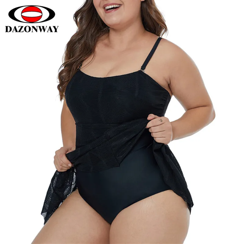 

DAZONWAY Conservative Skirt One-Piece Swimsuit Covered Belly Women Plus Size Mesh Stitching Swimwear Beach Dress-piece Bikini XL