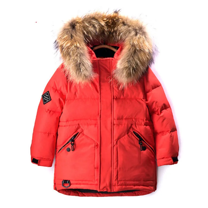 

Winter White Duck Down Jacket for Boys Fashion Casual Hooded Thick Warm Long Coat Children Real Large Fur Collar Outerwear