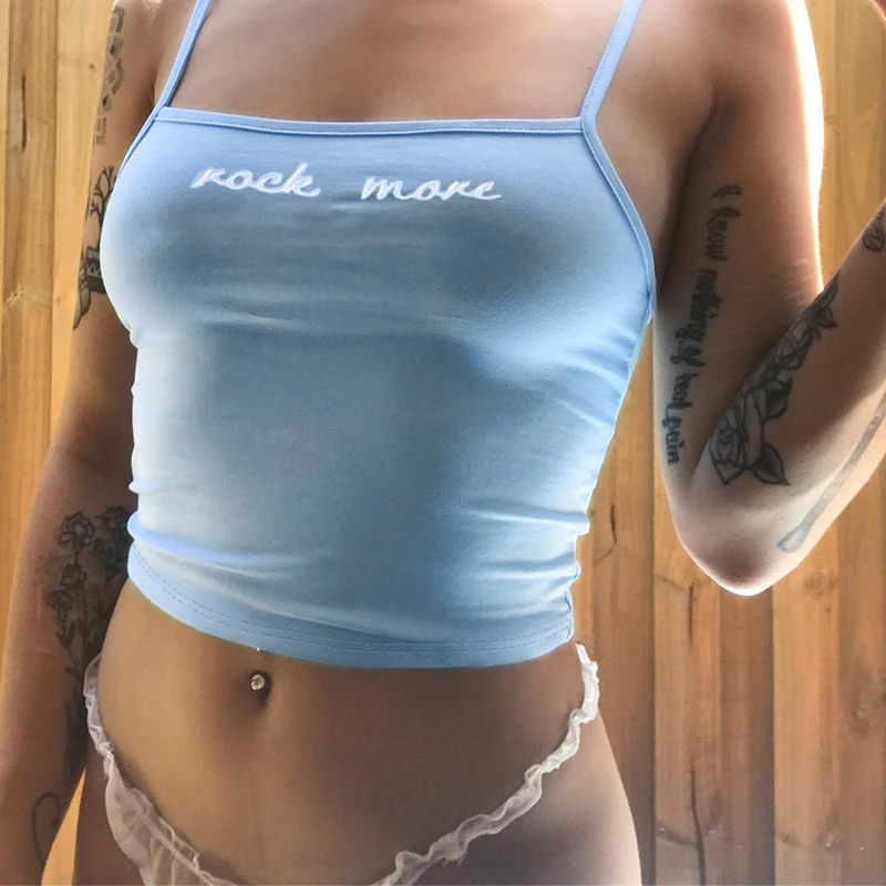 

Waatfaak Bandage Straps Tank Top Women Embroidery Letter Sleeveless Crop Tops Ladies Blue Casual Knitted Summer Cami Bralette