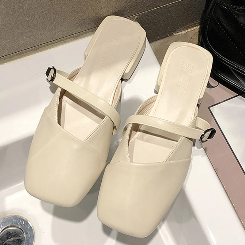 

Moxxy Leather Flat Mules Lady Slippers Strap Slip On Square Toe Sandals Women Mule Outdoor Slipper Shoes Woman Slides Femme 2019