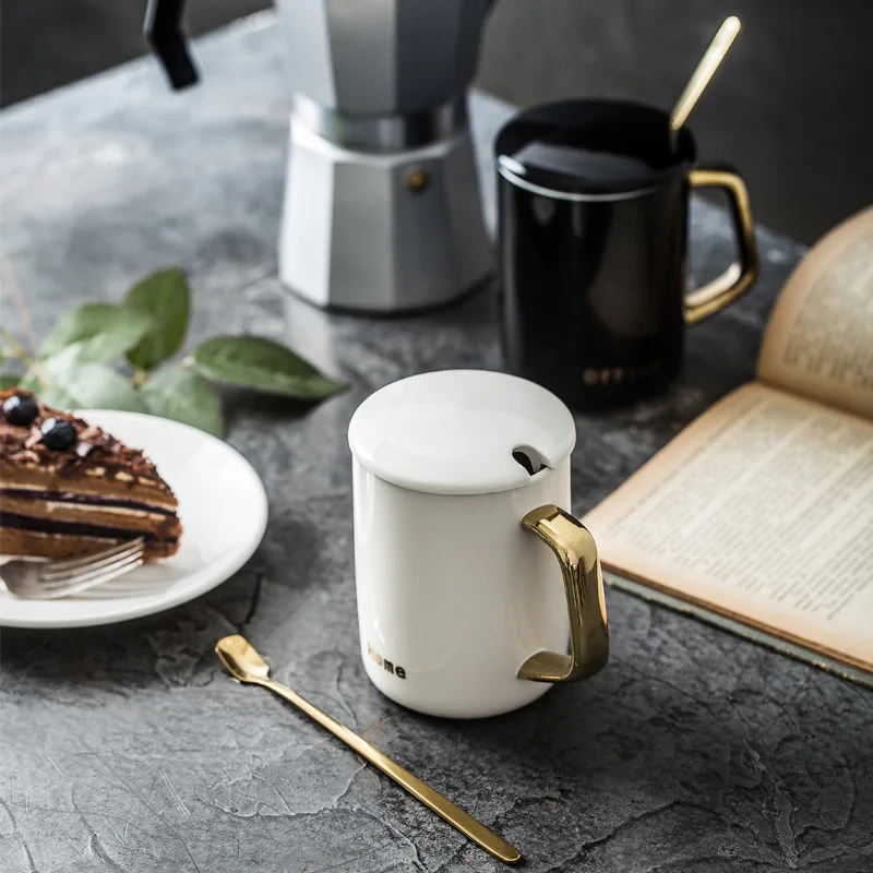 

Support Customized LOGO Gift Cup Gift Box Creative Gold-plated Coffee Ceramic Mug and Cover Spoon