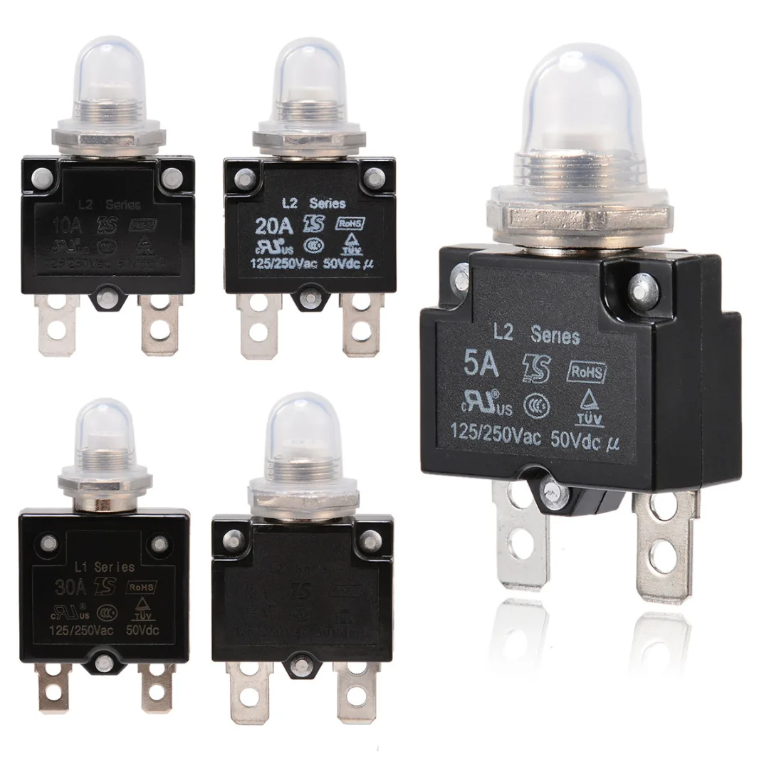 1pc 12/24V Resettable Circuit Breaker With Push Button Thermal Circuit Breaker Panel Mount 5A/10A/15A/20A/30A Overload Protector