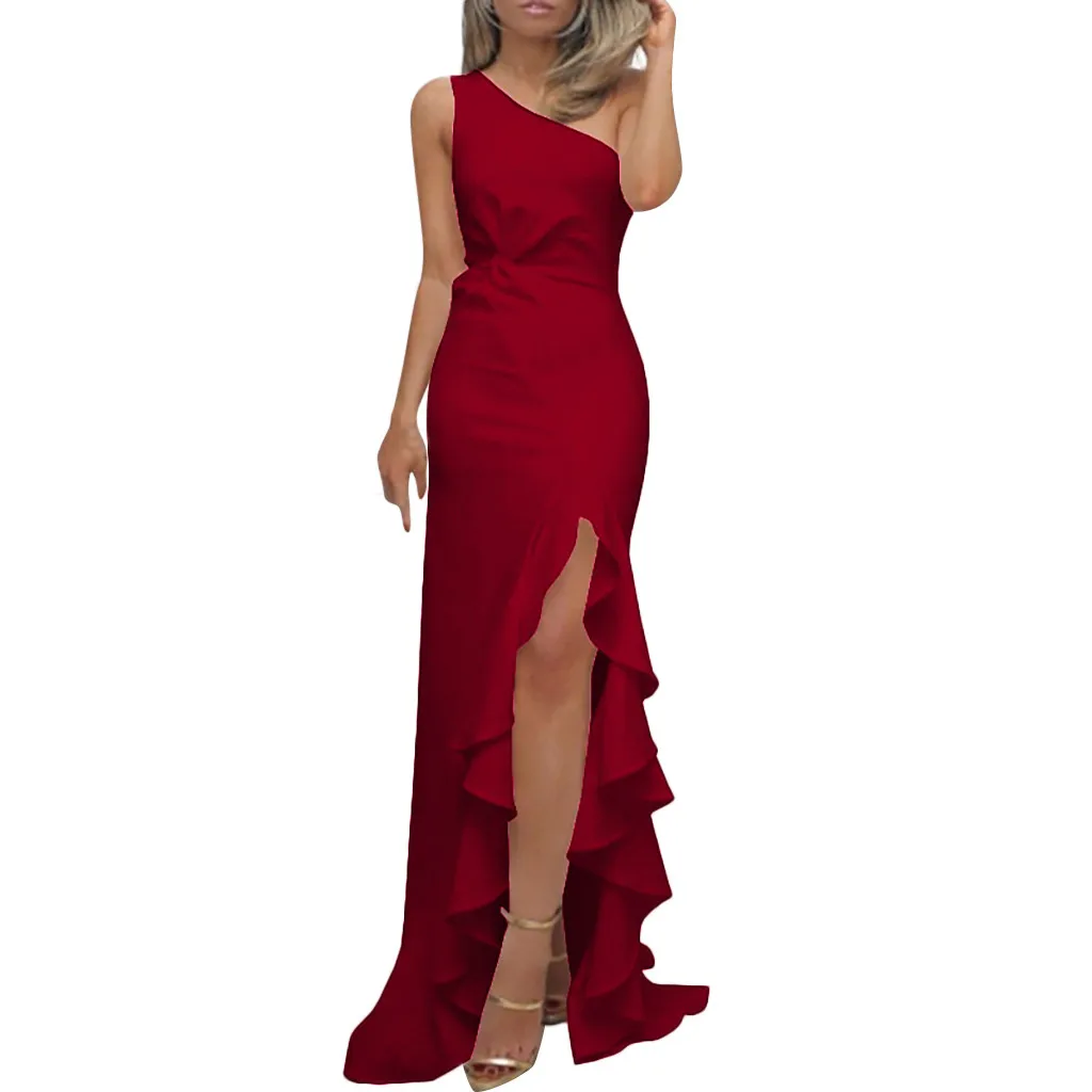 Женское вечернее платье на одно плечо с рюшами, облегающее Макси платье 401 - Цвет: red