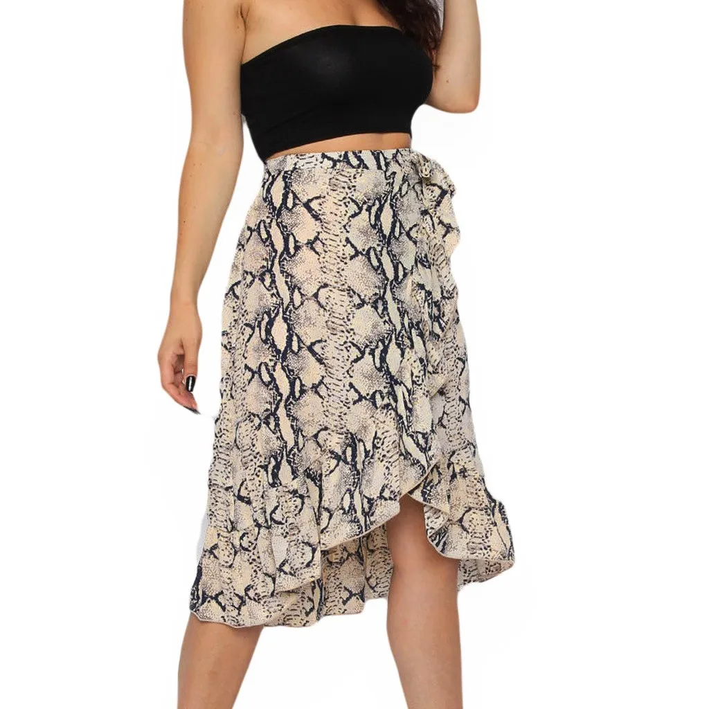 

Womens Ladies High Fashion Tie Bow Animal Print Ruffle Hem Frill Wrap Midi Skirt Beach Irregular Bandage Skirts For Women