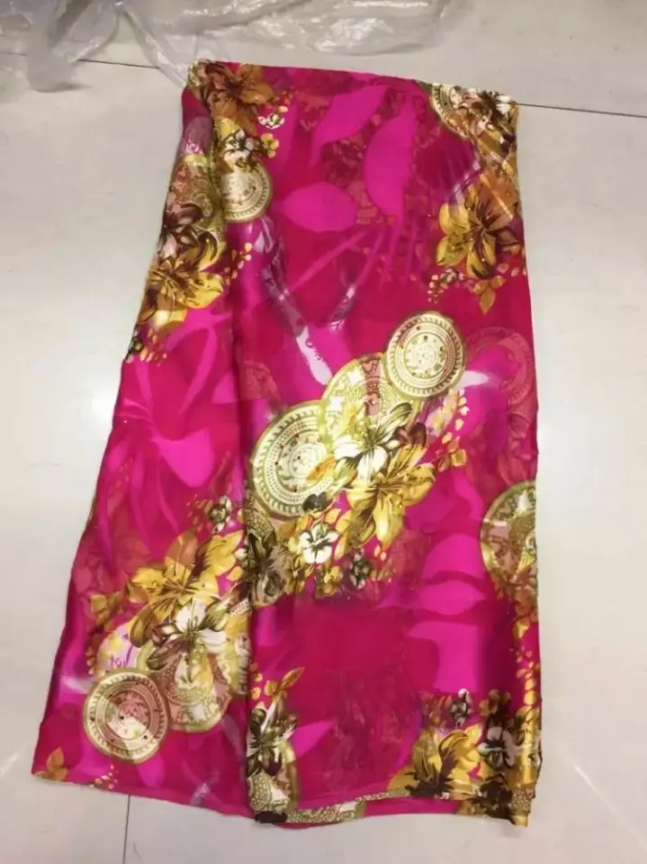 

5Y/pc Nice looking fuchsia elastic silk chiffon african smooth and soft silk lace fabric with gold flower and rhinestone JS13-5
