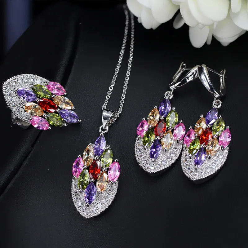

Bilincolor Fashion Multi Color Necklace Earrings Ring Jewerly Sets Charm Bridal Set