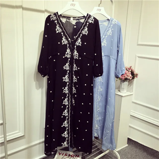 

women summer long bohemian dress 2019 female summer spring boho half sleeve v neck black blue embroidery one-piece dress