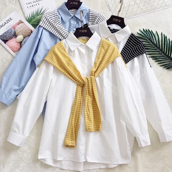 

2019 Spring Blouse Shirts New Design Loose Fake Two Piece Long-sleeved Shirts Medium Long Loose Tops Shirts