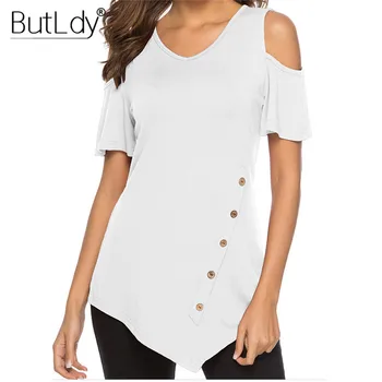 

Asymmetrical T Shirt Women Off Shoulder Short Sleeve T-Shirt Summer 2019 White Casual Buttons Loose Tee Shirts Ladies Tops