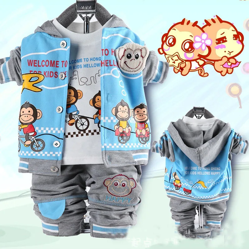 

2016 Korean Fashion Spring Autumn Children Three-piece Suit Cartoon Monkey Cotton Kids clothing set 1-3 years old