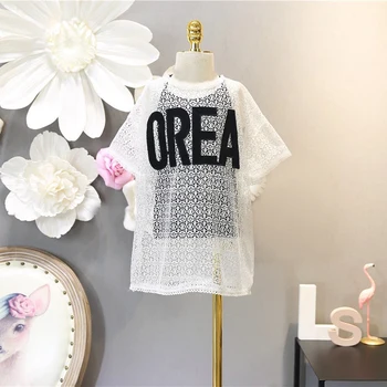 

Summer baby dress girls Casual mesh cape + long vest tee kids hollow out dress Children fashion clothes 2 to 7 yrs