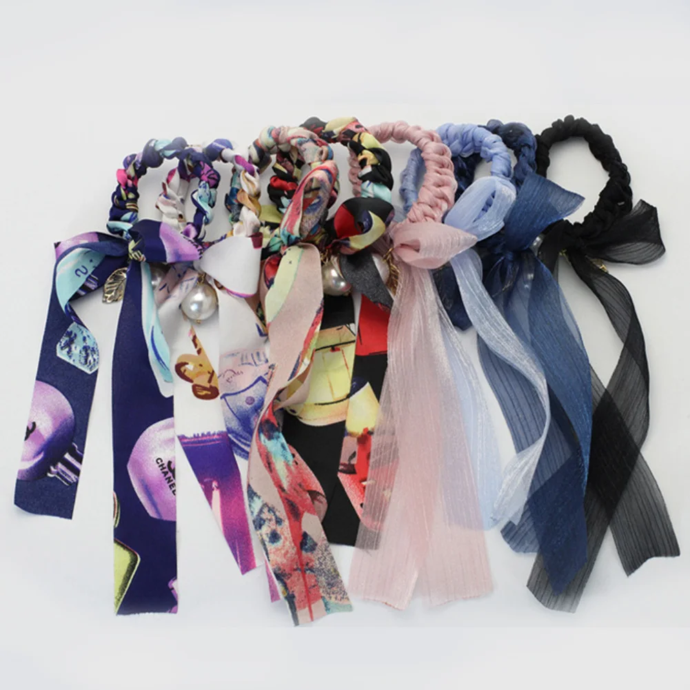 

Fashion Floral Printed Bowknot Silk Hair Scrunchies Women Pearls Ponytail Holder Hair Tie Hair Rope Hair Accessories Multicolor