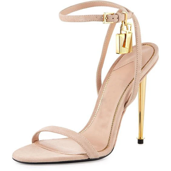 Luxury Brand Fashion Gold Lock Strappy High Heel Sandals Celebrity Shoes Simple Strap Evening 
