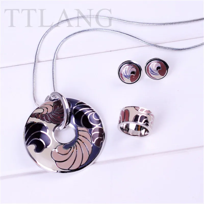 

Silver Plated Latest Creative Coffee Feather Enamel Jewelry Set (Necklace, Ring, Earrings), 1Set/pack