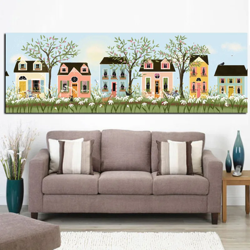 HD Print Abstract Yellow House Flowers Tree Pastoral Landscape Oil Painting on Canvas Modern Wall Picture Poster For Living Room (2)