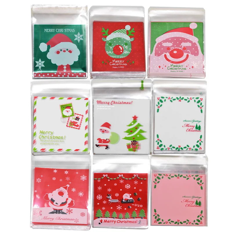 

50pcs 10x10cm Christmas Cookie Candy Package Gift Bags Santa Deer Snowman Print Adhesive OPP Bag Xmas Home Party Baking Supplies