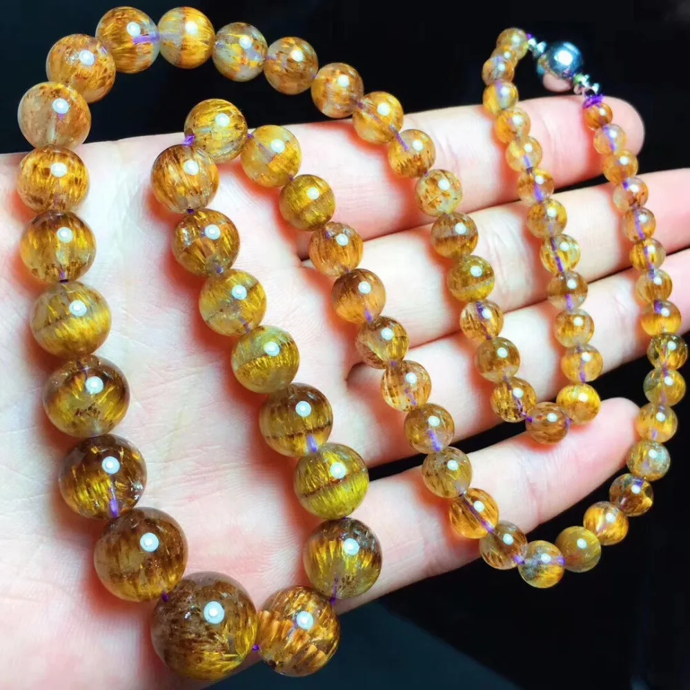 

Top Quality Natural Cacoxenite Gold Rutilated Gemstone Necklace 4-13MM Women Lady Best Crystal Round Beads Certificate AAAAA