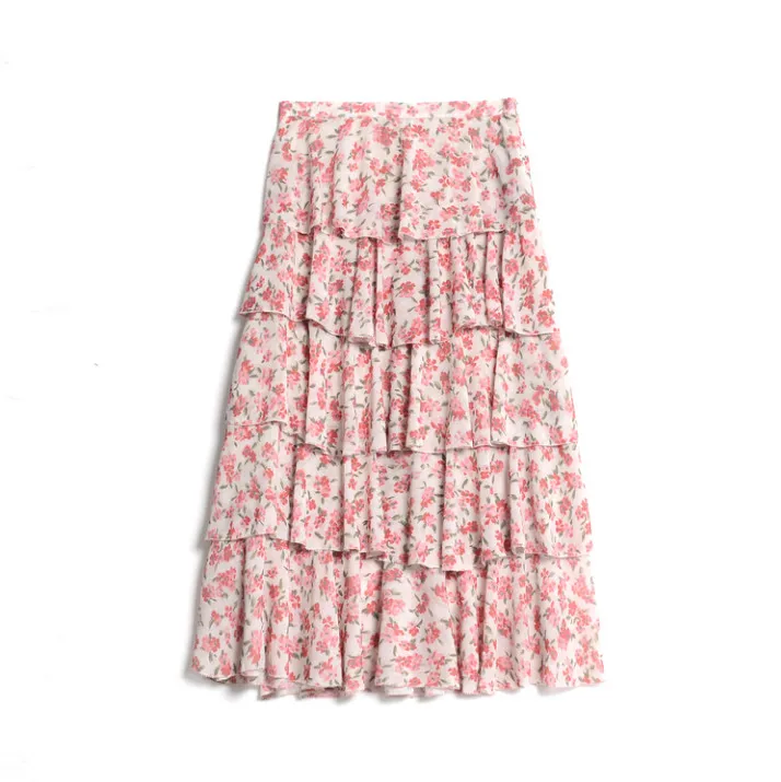 Женская шифоновая многослойная юбка с цветочным принтом летняя Милая женская блуза с послойным расположением ткани, оборочками и v-образным вырезом до середины икры гофрированные длинные юбки