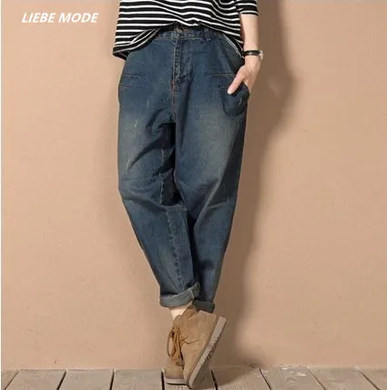 

Loose Boyfriend Style Baggy Jeans Plus Size Blue Wash Womens High Waist Harem Jeans L-XXXL 4XL 5XL