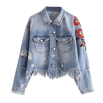 

Women's New Fashion Cool Floral Embroidery Vintage Short Denim Jackets Coat Hole Tassel Pockets Casual Street Wear Loose Tops