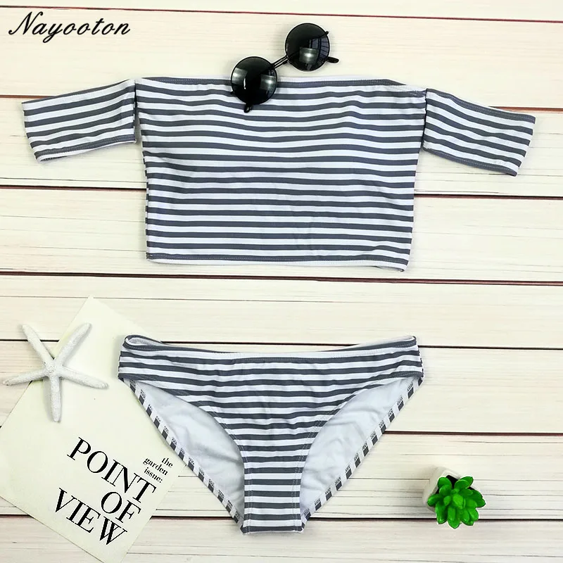 

2019 new sexy striped low Shoulder bikini set swimsuit push up Beachwear Bathing Suit Brazilian Biquini swimwear women