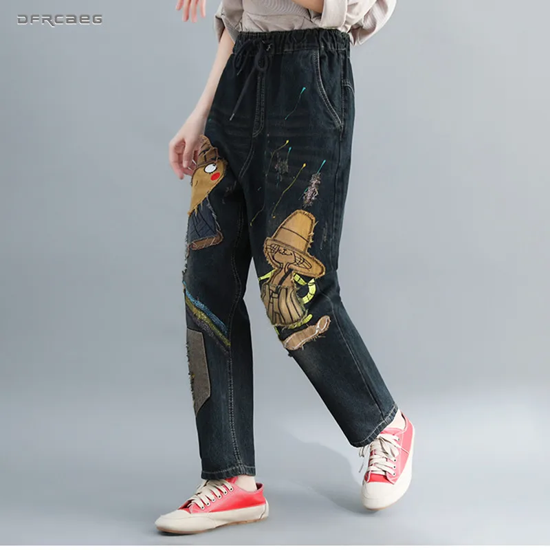 Женские джинсы Boyfriend с эластичной резинкой на талии, большие размеры,, осенние свободные женские джинсовые штаны-шаровары в стиле ретро, с мультяшным рисунком, в ковбойском стиле - Цвет: Синий