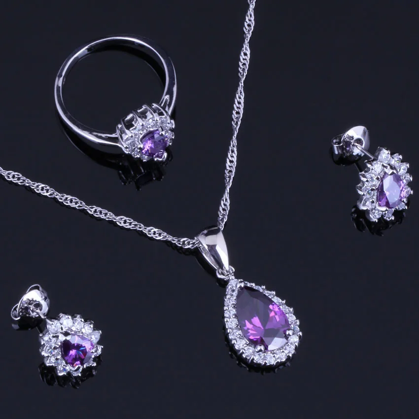 Divine Purple Cubic Zirconia White CZ Silver Plated Jewelry Sets Earrings Pendant Chain Ring V0327 | Украшения и аксессуары