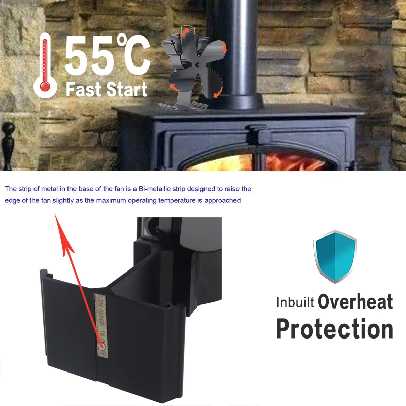 New Upgrade New 4-Blade Heat Powered Stove Heater Fan Black/Silver/Gold For Wood Burning Log Burner Fireplace Silent 230CFM